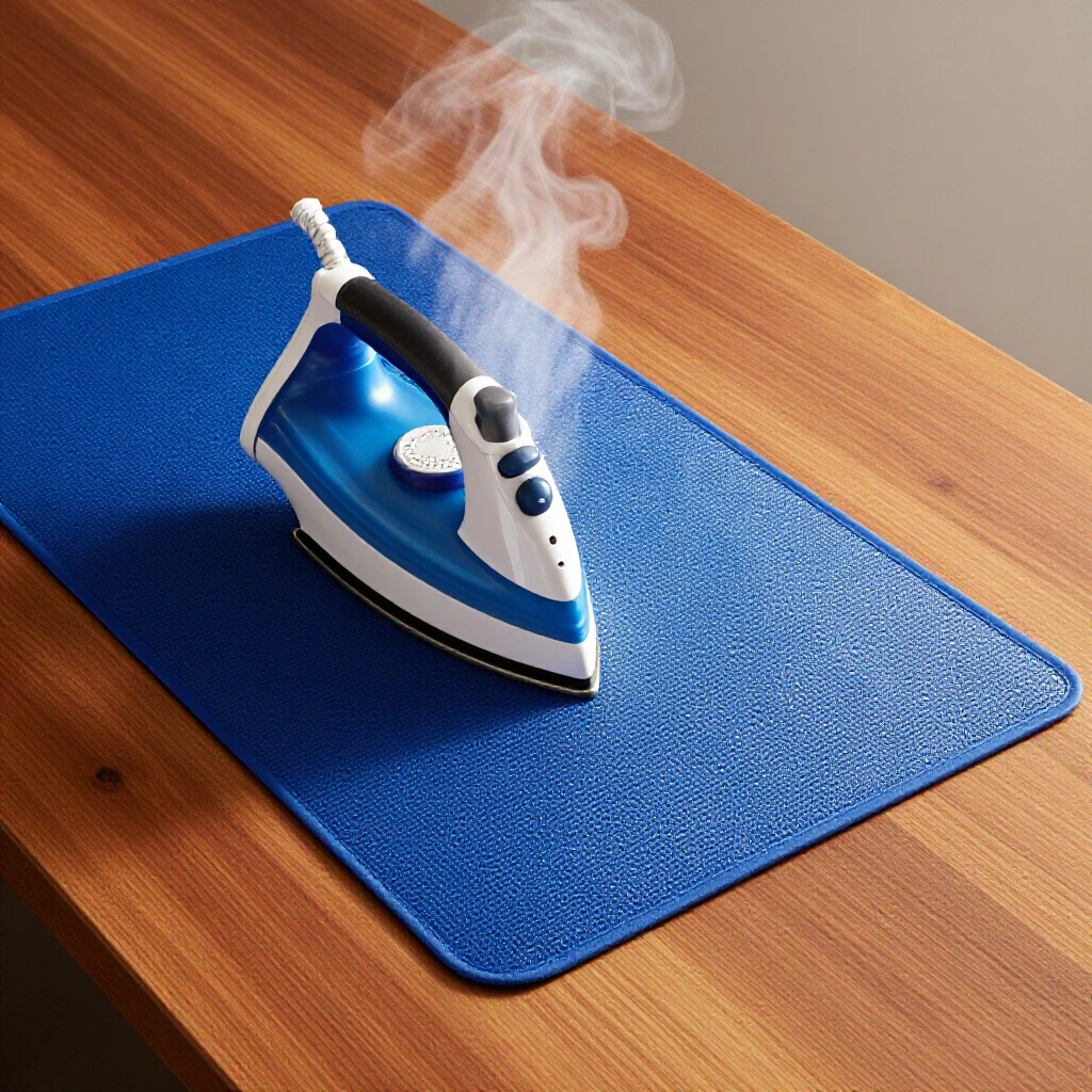 A vibrant pressing mat on a wooden table with a shiny iron and steam gently rising, showcasing protective qualities.