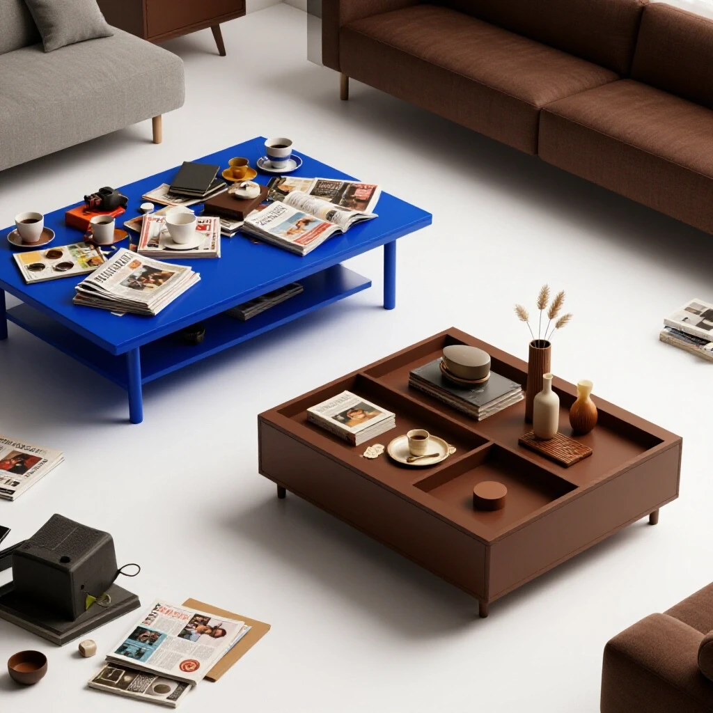 A visual comparison of a cluttered coffee table versus a sleek, organized coffee table highlighting practical living.