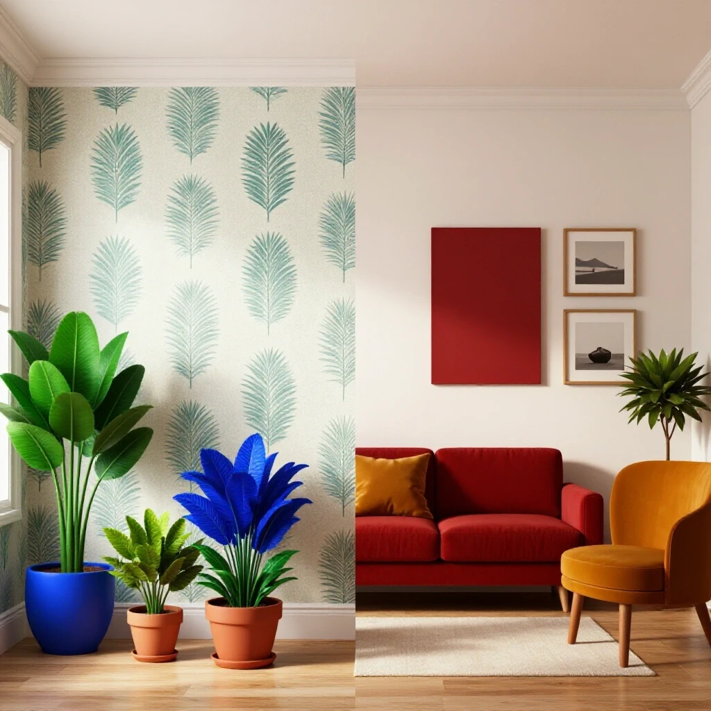 Stylish living space split between temporary renter-friendly fixes and permanent home enhancements.