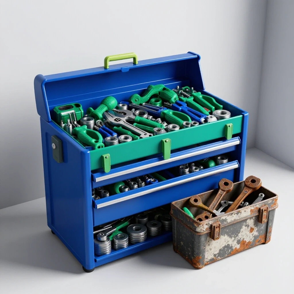 A vibrant toolbox filled with shiny new hardware parts juxtaposed with a faded toolbox of rusty tools, illustrating the upgrade contrast.