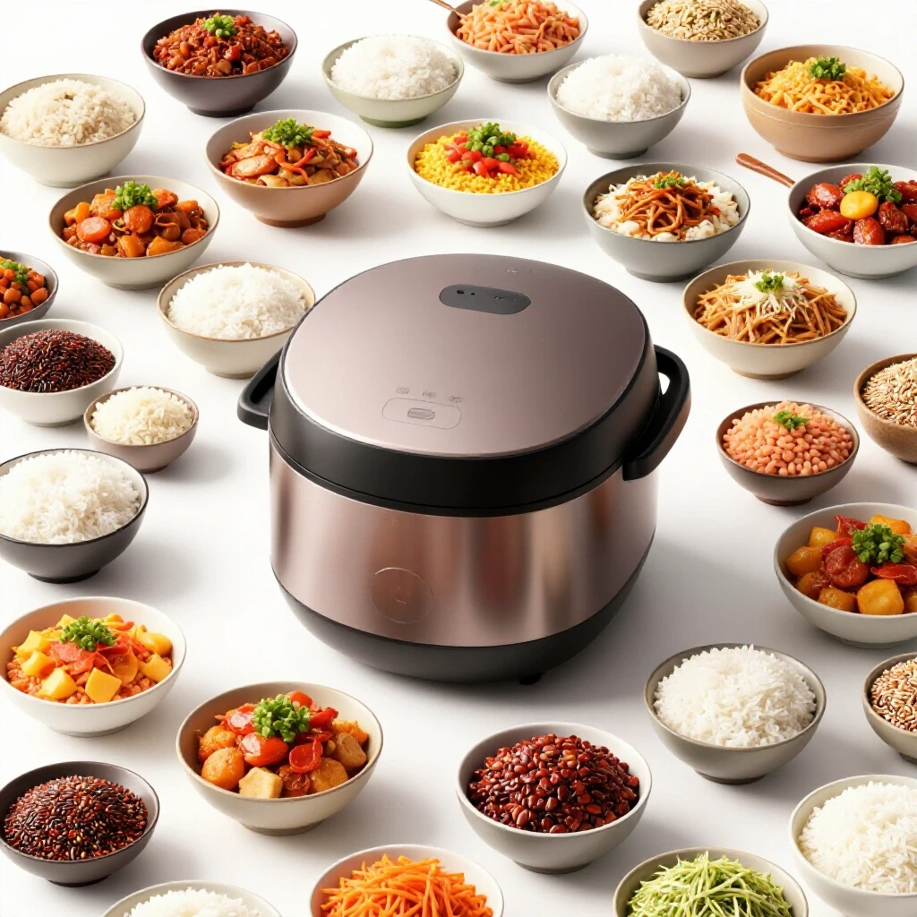 A modern rice cooker surrounded by colorful rice dishes in a bright kitchen setting, emphasizing reliability and versatility.