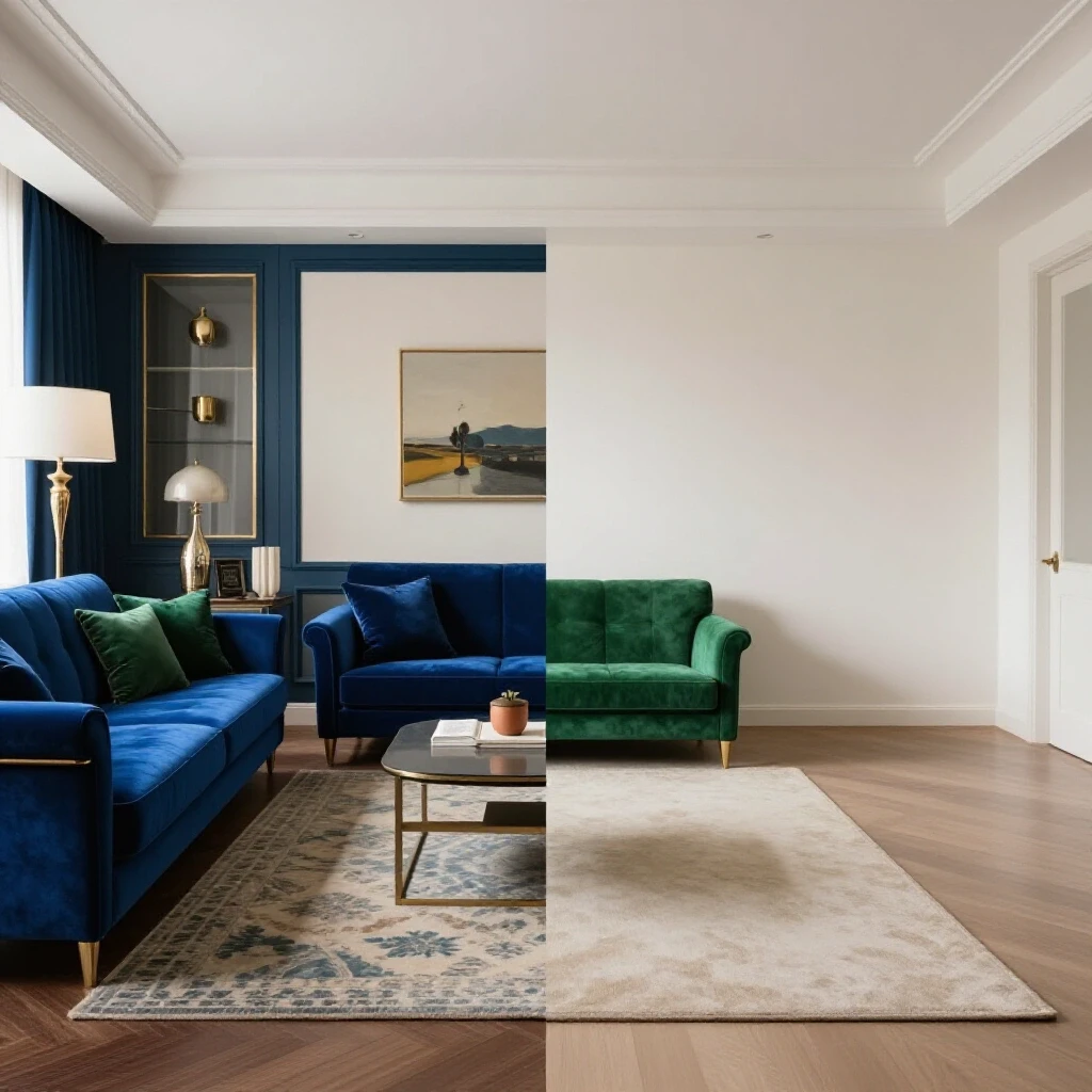 A split room image showing a beautifully decorated modern living space contrasting with an empty side, highlighting investment potential.