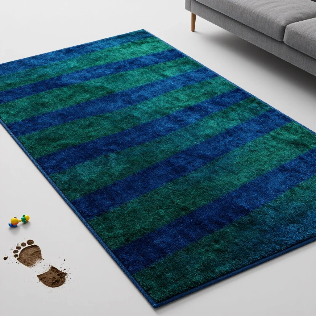Stylish living room with a vibrant rug at the center, surrounded by muddy footprints and scattered toys to showcase durability.