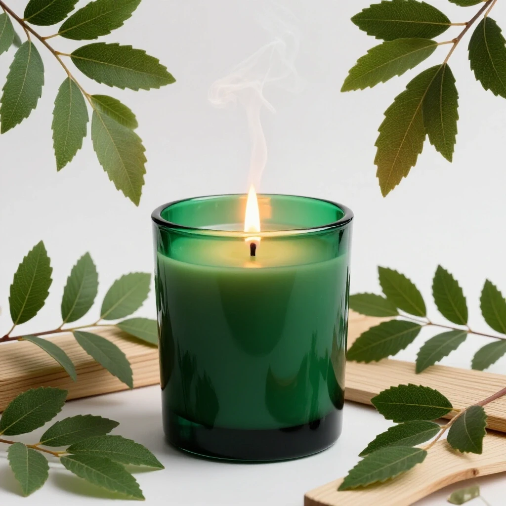 A deep emerald green scented candle emitting a warm glow, surrounded by greenery and soft wood textures.
