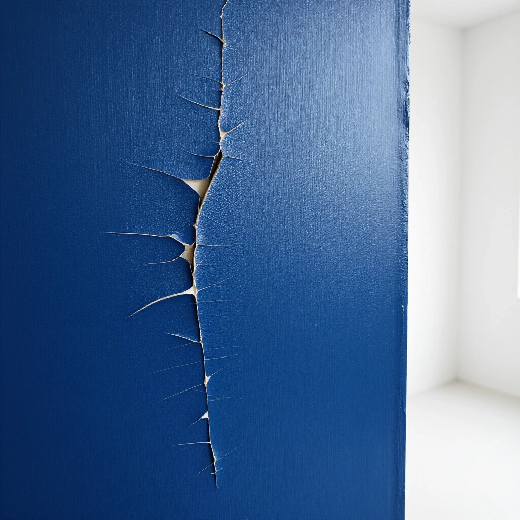 Close-up of a freshly painted deep royal blue wall transitioning from scratched to pristine finish, showcasing paint durability.