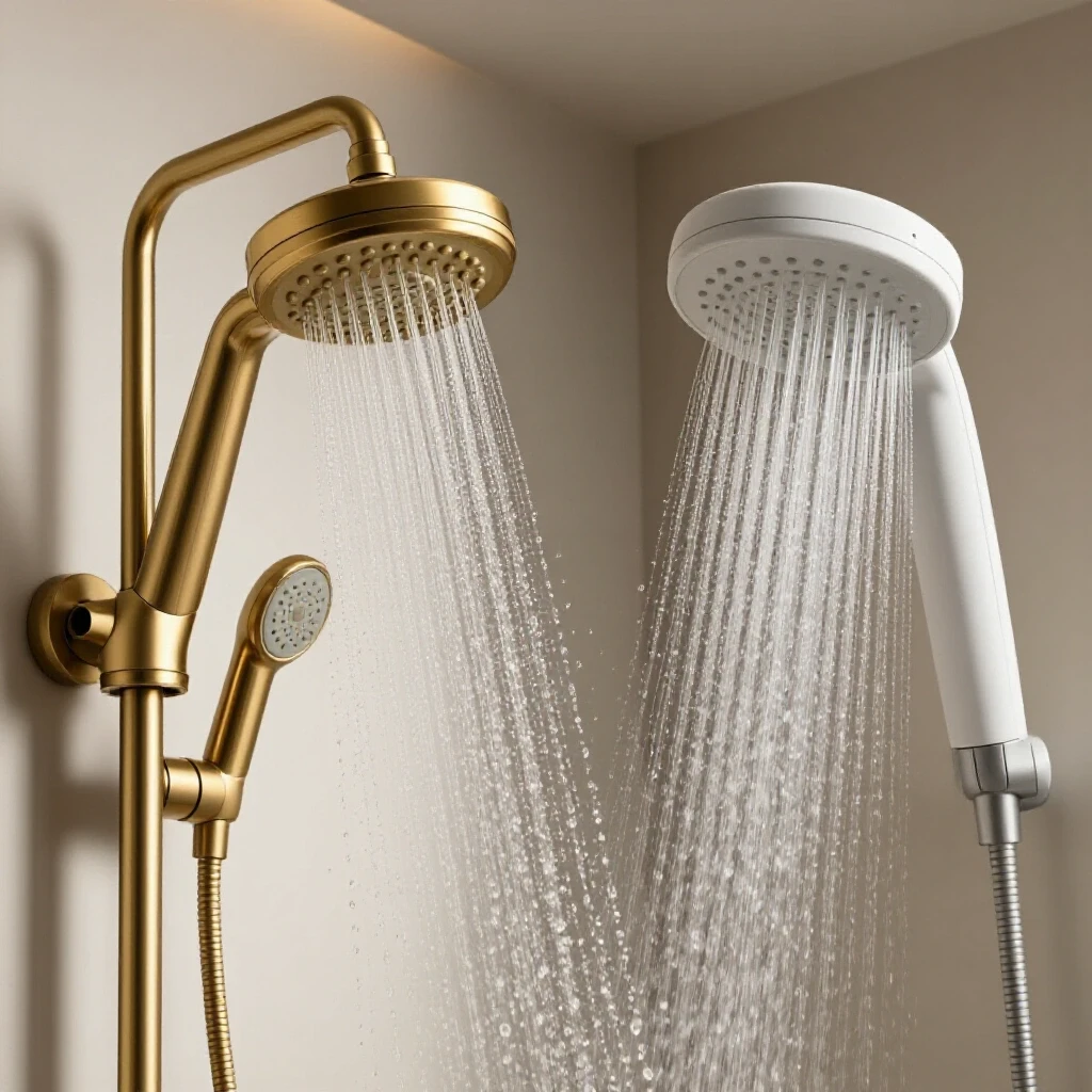 A striking comparison of a luxurious high-pressure brass shower head and a delicate low-pressure plastic shower head in an elegant bathroom setting.