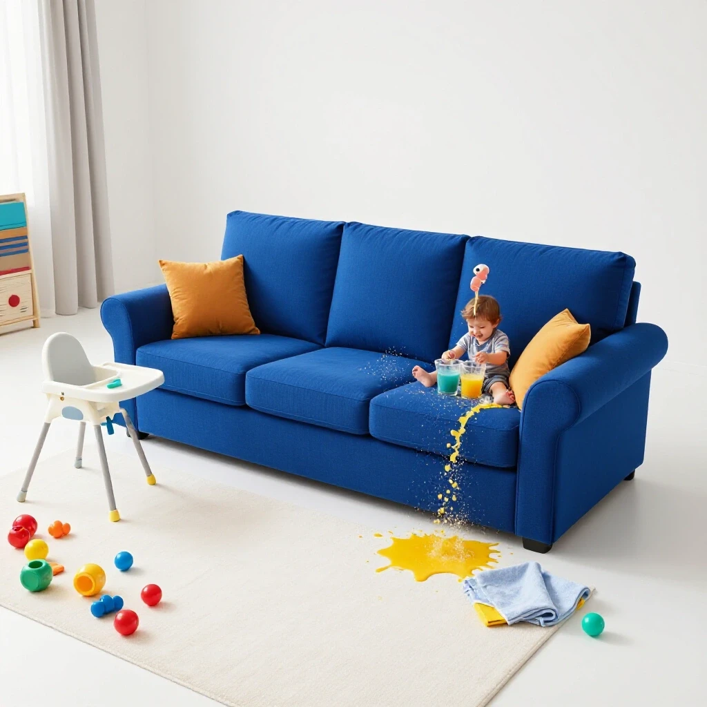 Bright living room featuring a colorful slipcovered sofa with toys and a spilled juice scene, emphasizing child-friendly decor.