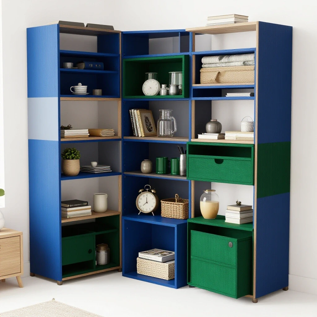 A cozy small apartment showcasing innovative storage solutions with multifunctional furniture against a bright background.