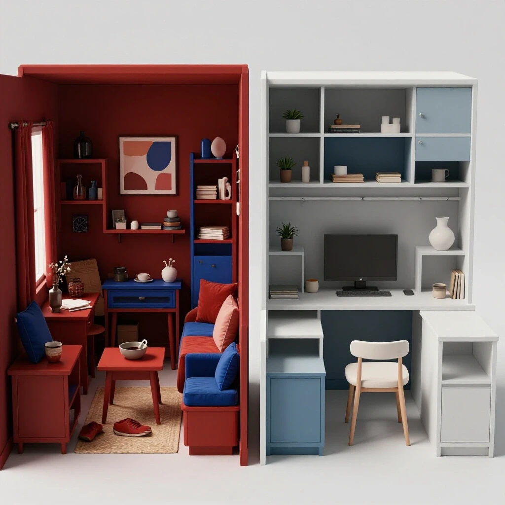 A comparison of a cluttered small space versus a well-organized functional layout, showcasing design transformation.
