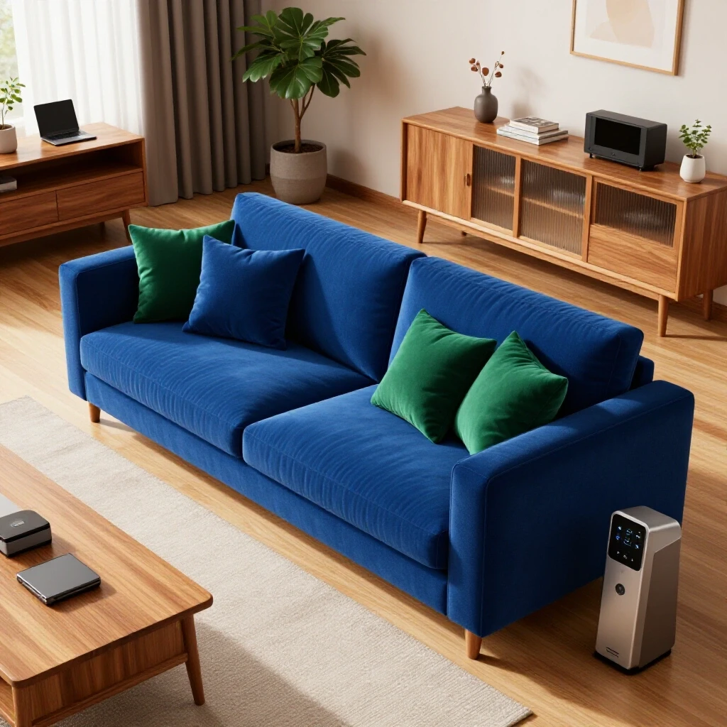 A cozy living room featuring plush cushions and modern smart gadgets, illuminated in a bright studio setting.