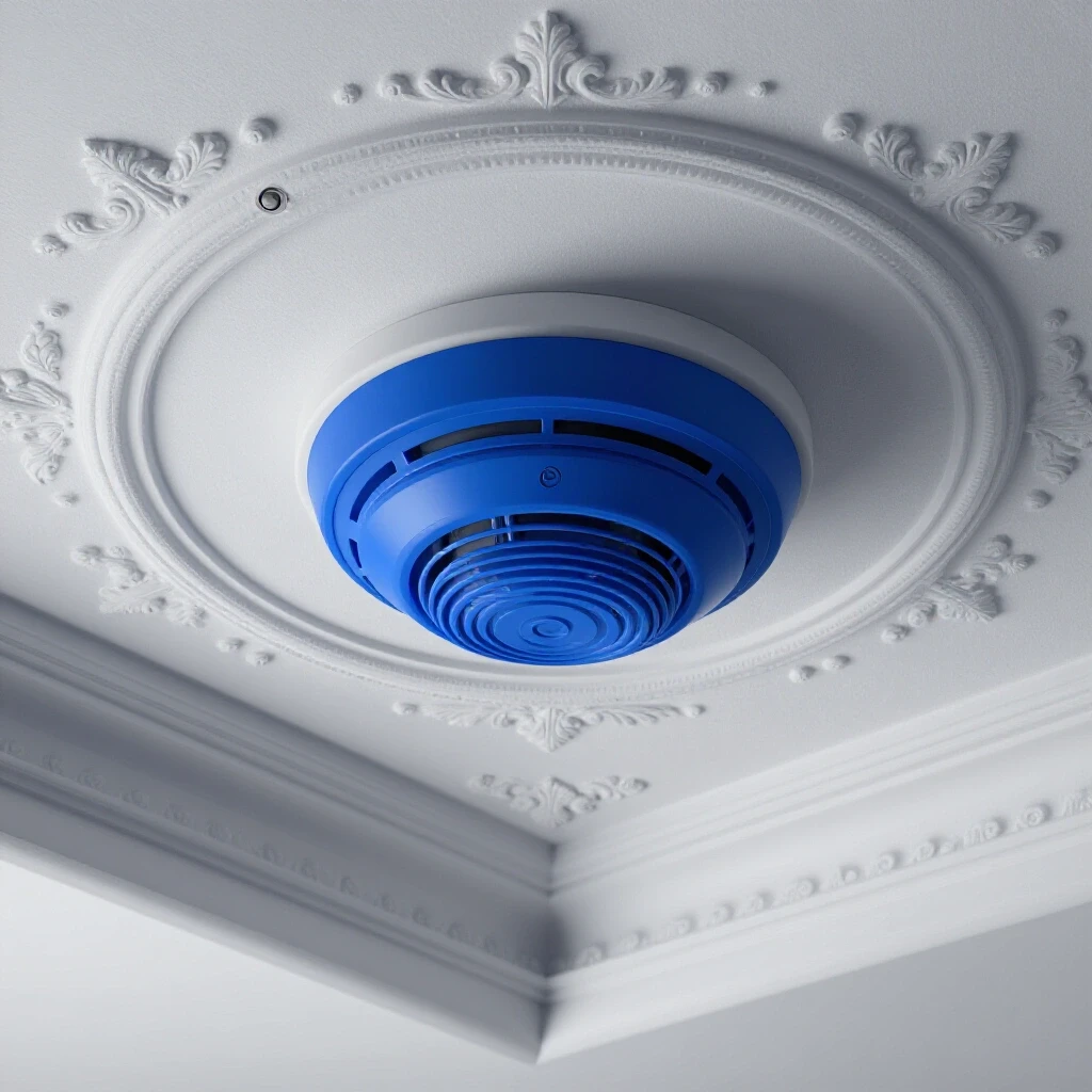 A stylish blue smoke detector seamlessly integrated into an ornate ceiling, showcasing safety and design harmony.