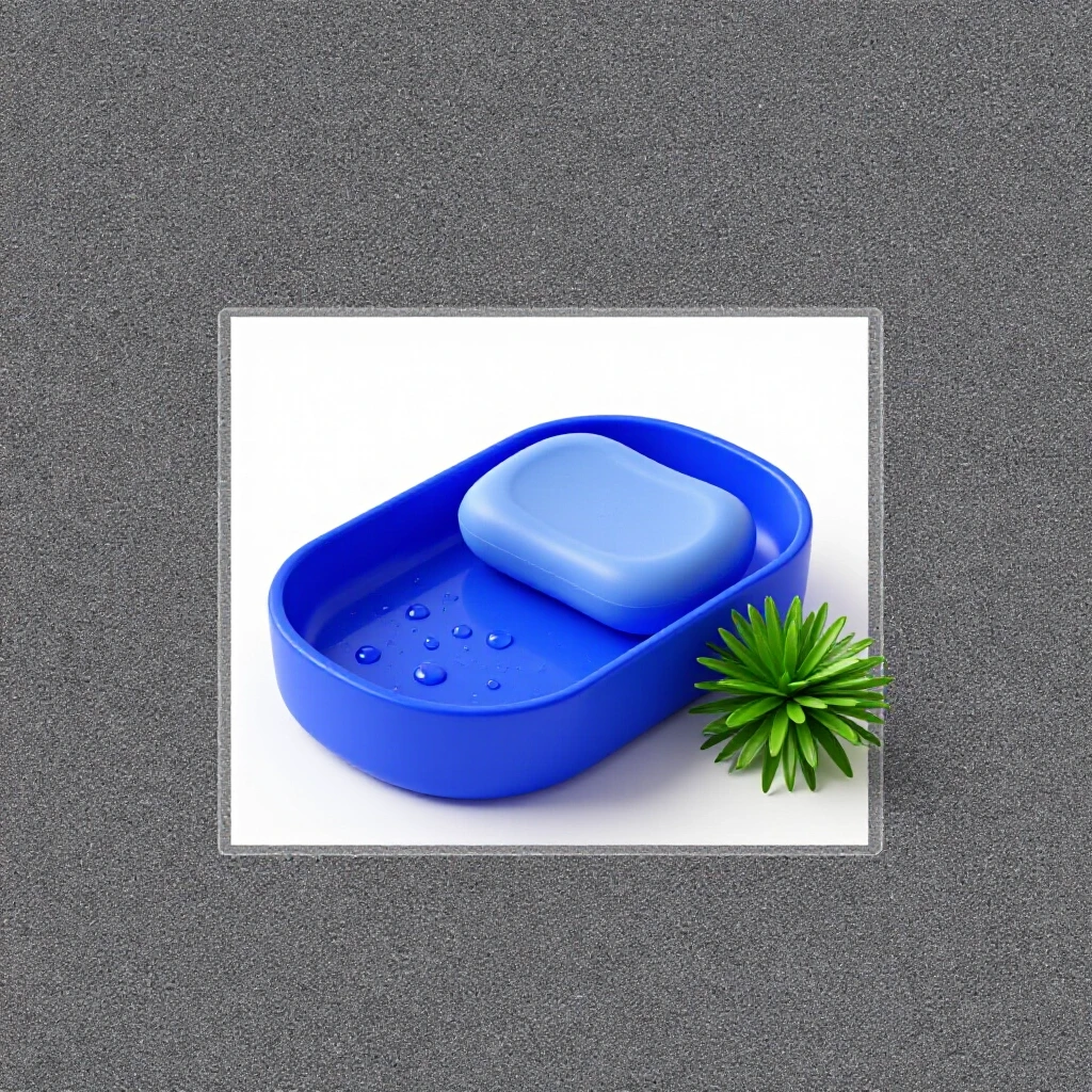 A modern soap dish with contrasting wet and dry sides, surrounded by a soap bar and a small plant, on a bright background.