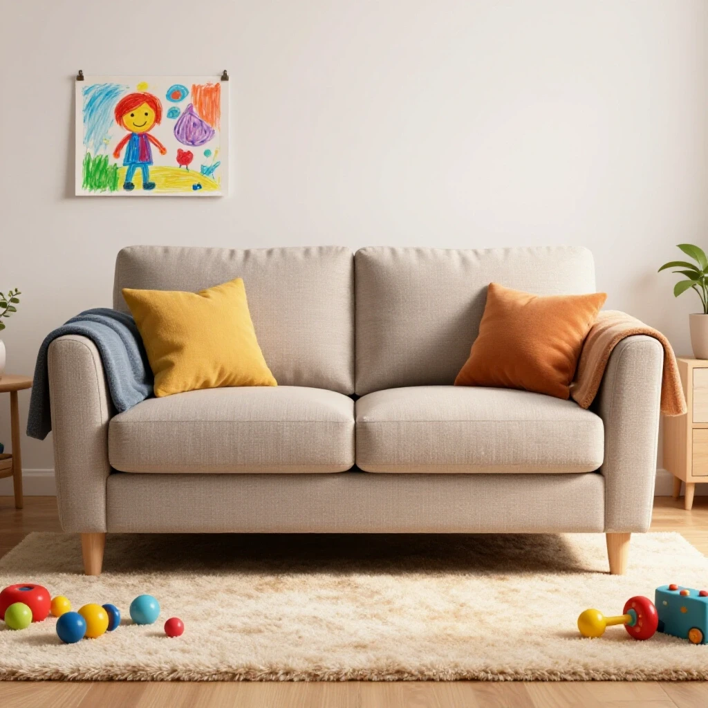 A cozy living room showcasing a durable sofa with vibrant fabric swatches, surrounded by playful decor elements.