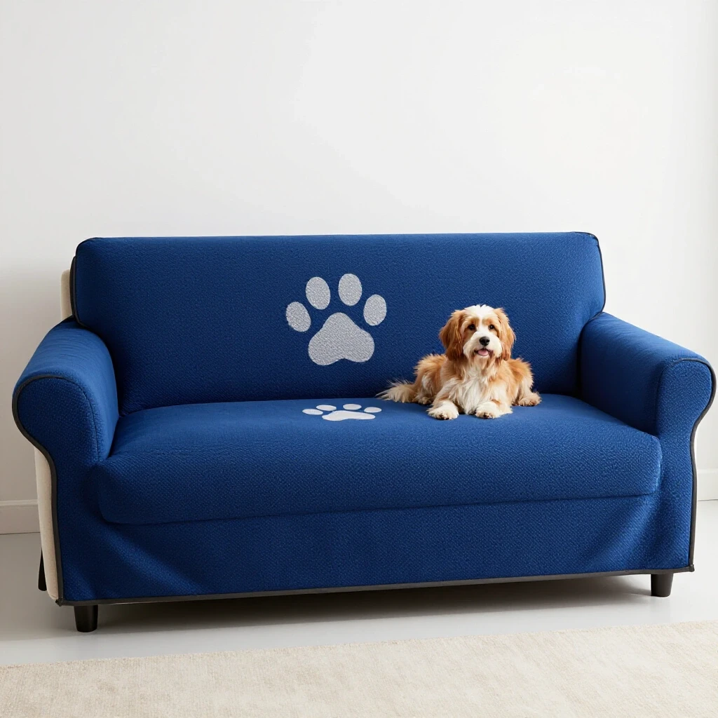 Cozy living room with a deep blue sofa protector and a playful dog, highlighting durability and comfort for pet owners.