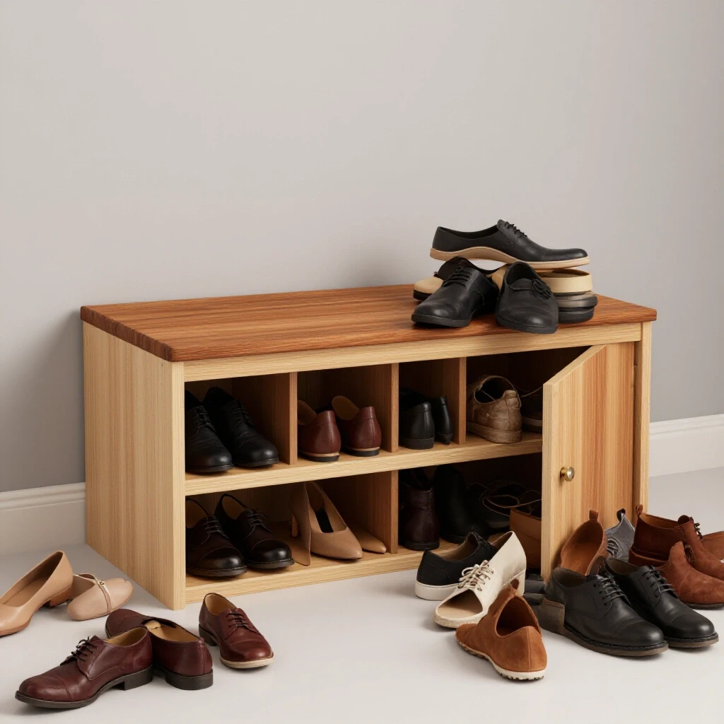 A beautifully organized entryway with an elegant shoe storage bench surrounded by a chaotic pile of shoes.