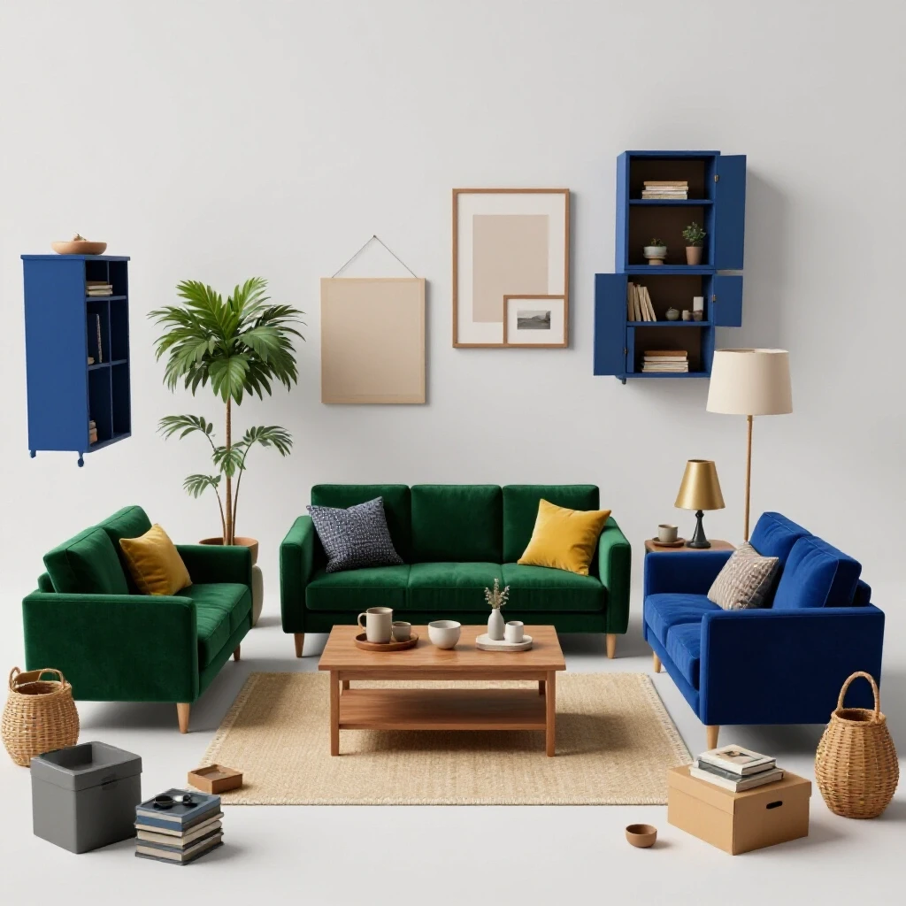 A cozy small living space with multifunctional furniture set against a cluttered background, highlighting space-saving design.