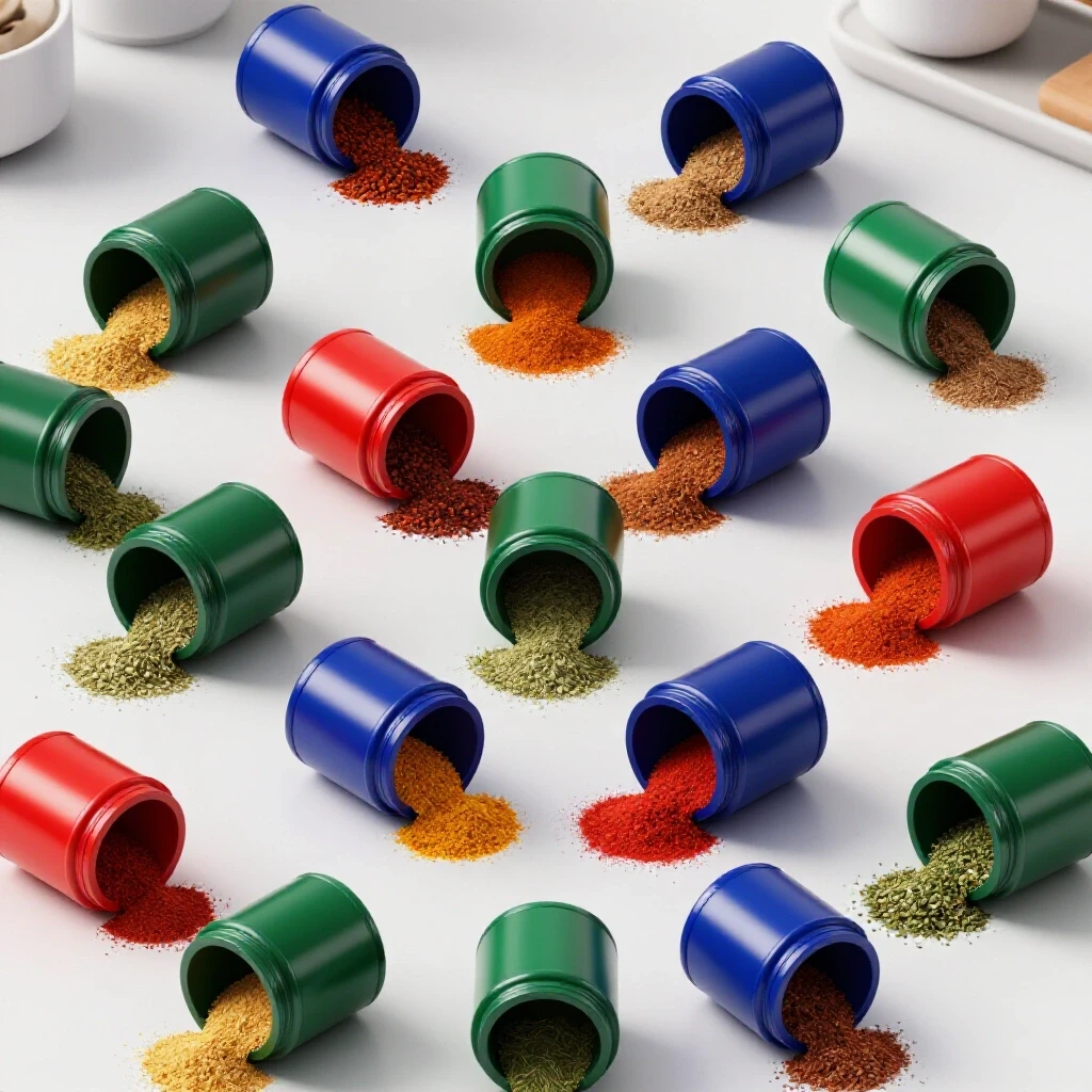 Artistic arrangement of colorful spice containers in a bright kitchen, showcasing spices spilling out.