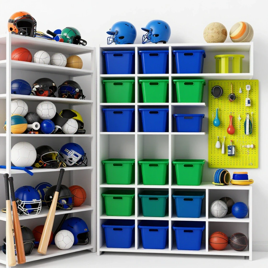 A vibrant sports gear storage transformation showcasing organized bins and scattered equipment.