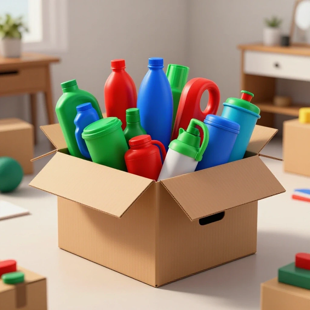 A colorful moving box overflowing with household items, set against a chaotic background of mismatched furniture.