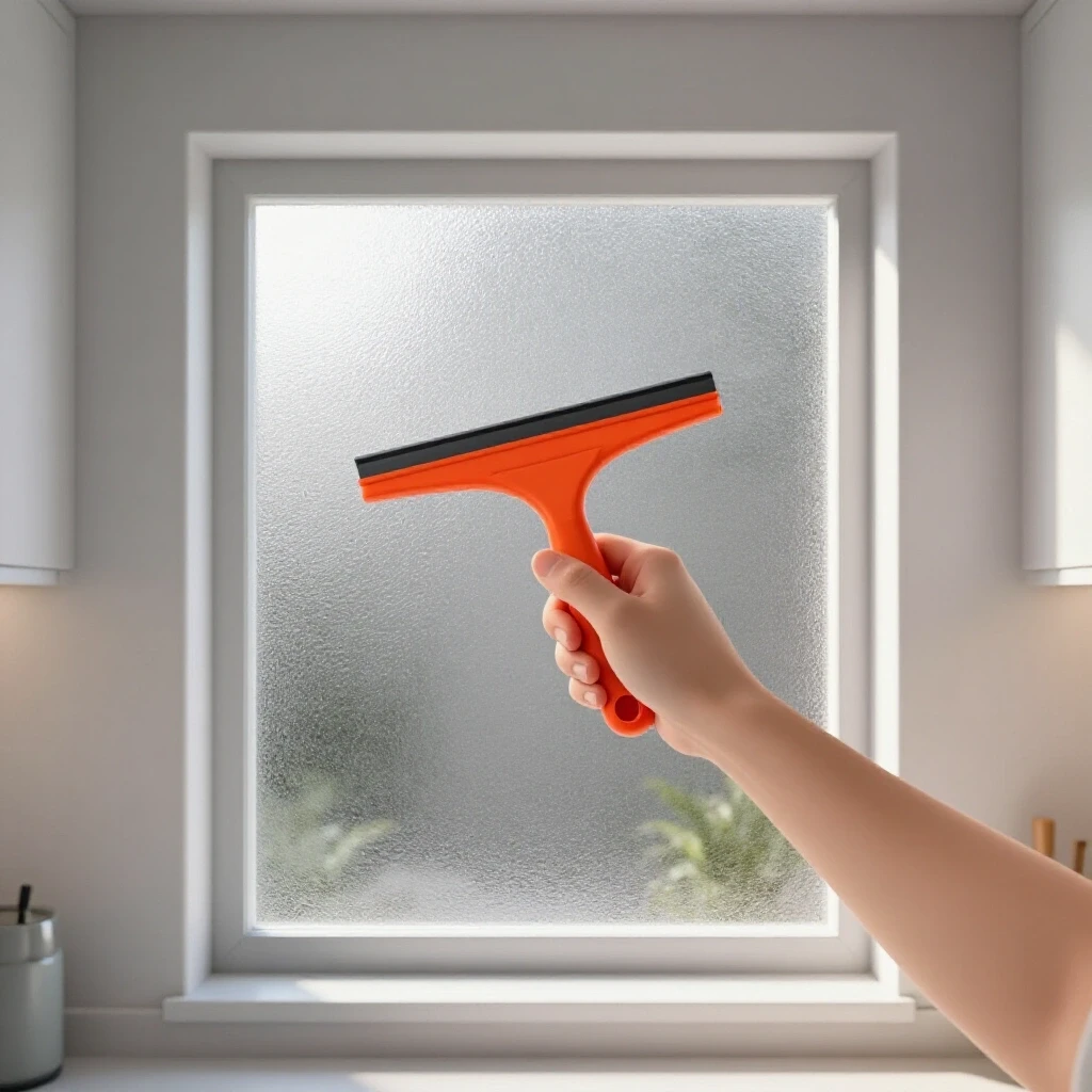 A bright kitchen with a hand using a colorful squeegee on a streak-free window, showcasing cleaning effectiveness.