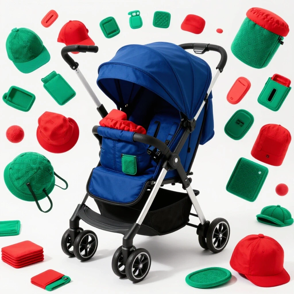 A vibrant stroller with colorful accessories organized neatly, showcasing practical stroller organization.