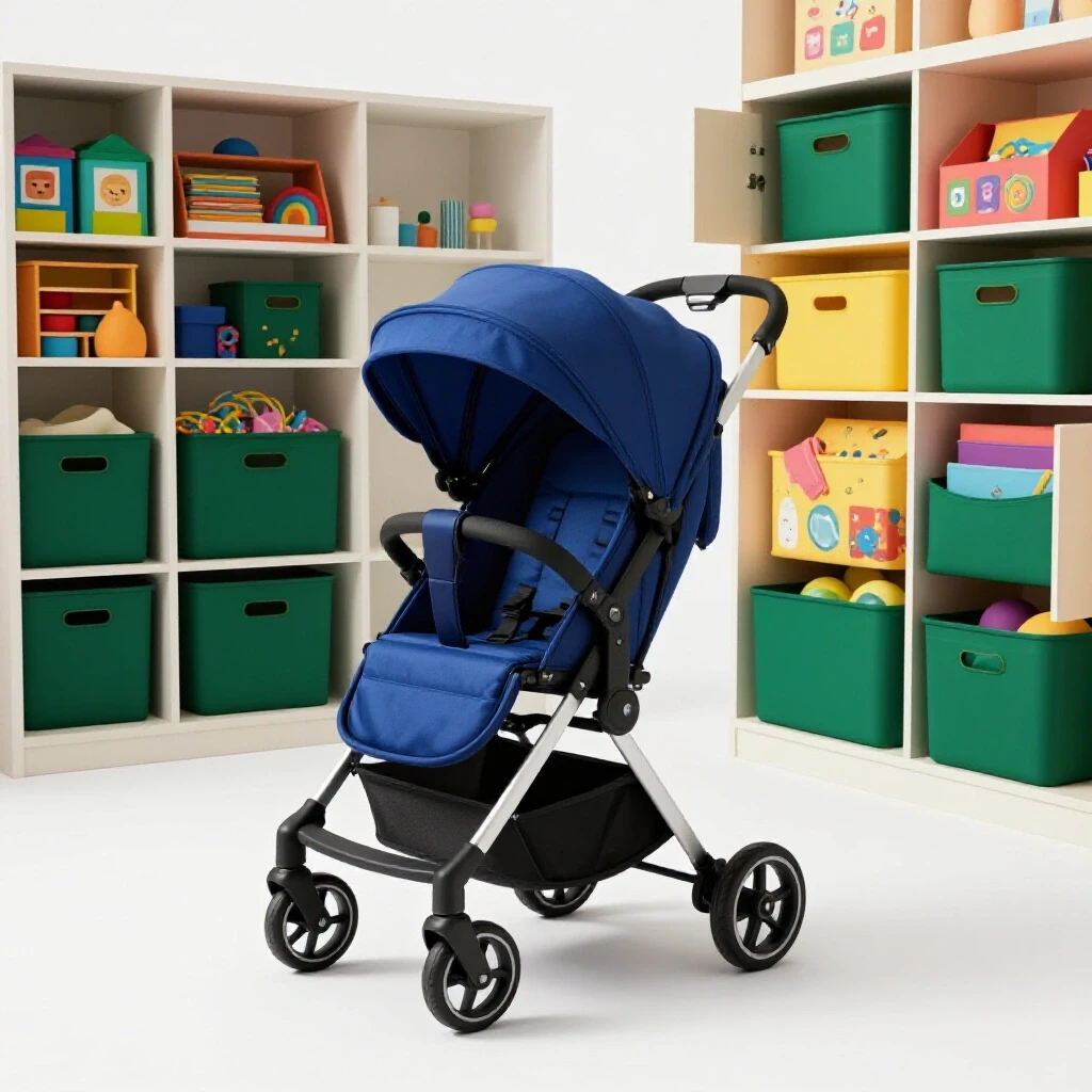 A compact stroller next to a vibrant, cluttered storage area filled with colorful bins, showcasing organization vs. chaos.