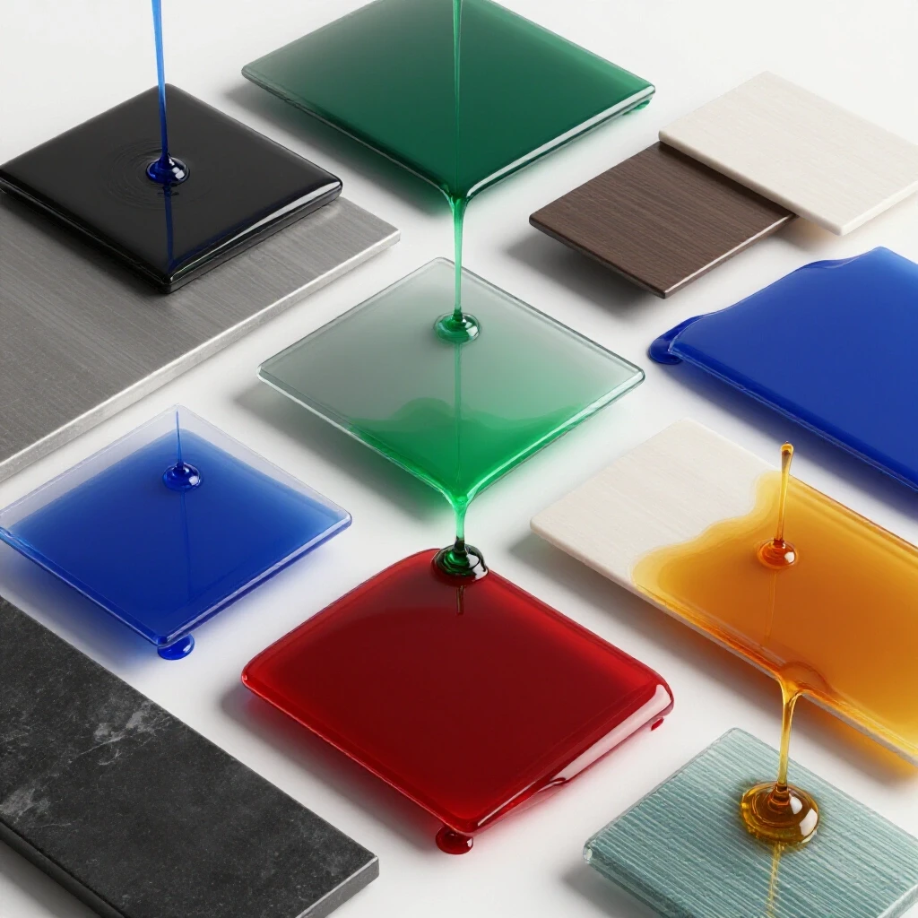 Comparison of various tabletop finishes with vibrant liquid spills demonstrating durability and aesthetic appeal.