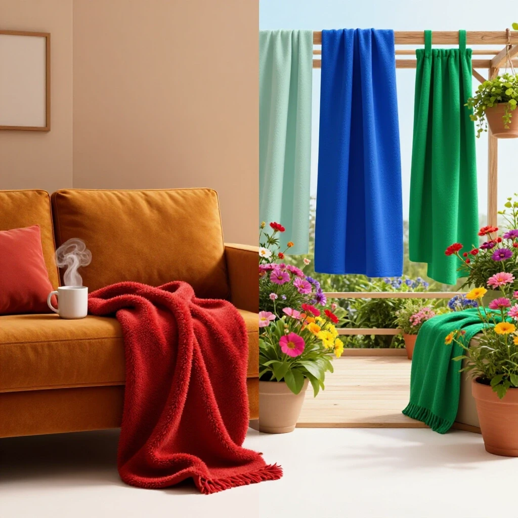 Cozy living room juxtaposed with a refreshing outdoor patio, showcasing seasonal comfort and design.