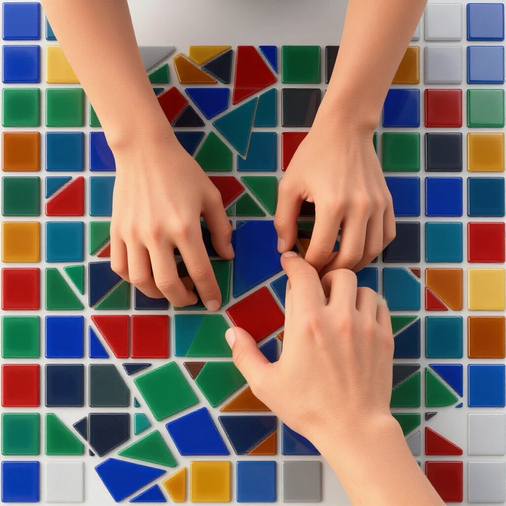 Close-up of hands using a tile leveling system with colorful tiles arranged around, showcasing precision and creativity in tile installation.