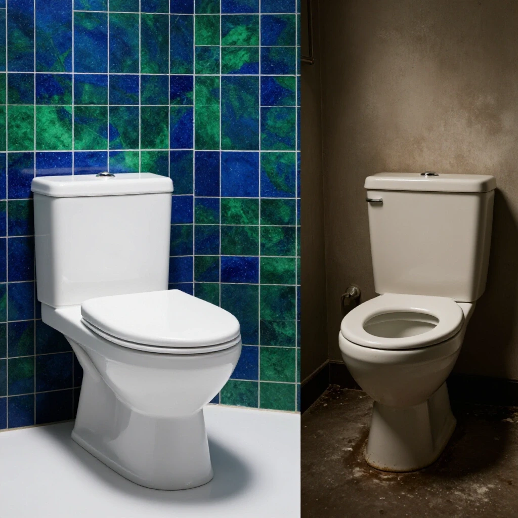 A split image showing a modern toilet in a bright setting versus a traditional toilet in a dim environment, highlighting design differences.