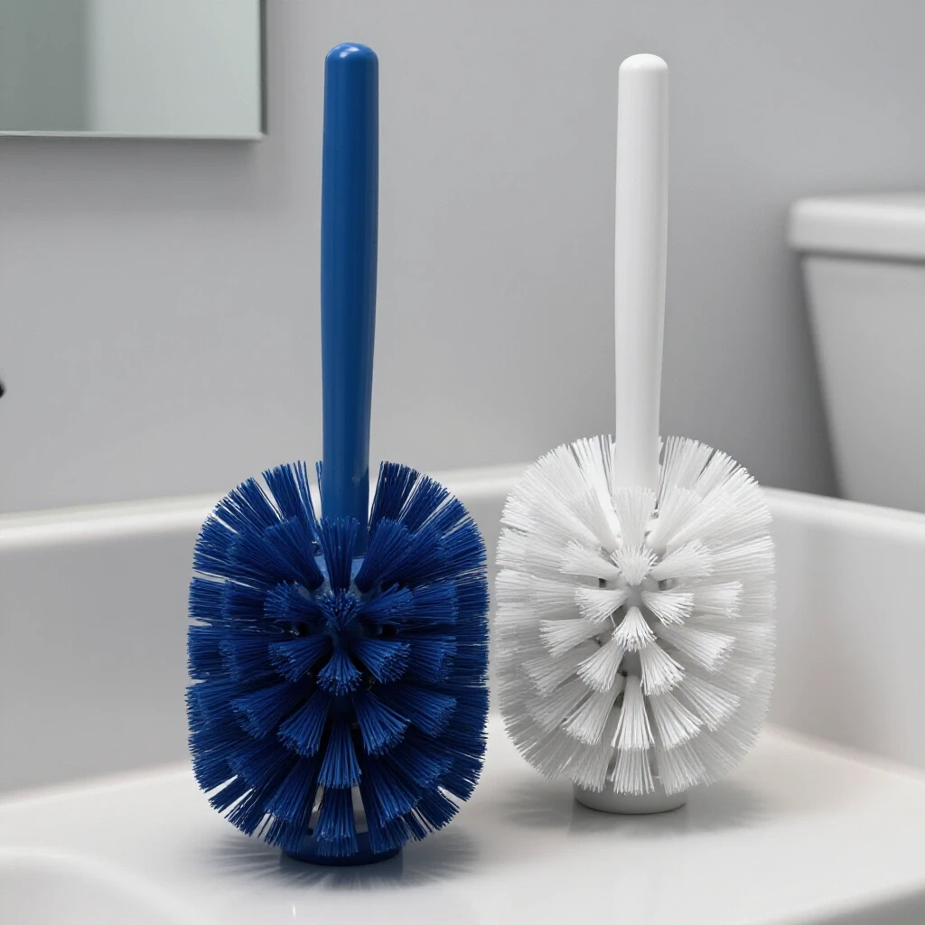 An old toilet brush next to a new one on a clean bathroom counter, highlighting wear and new design.