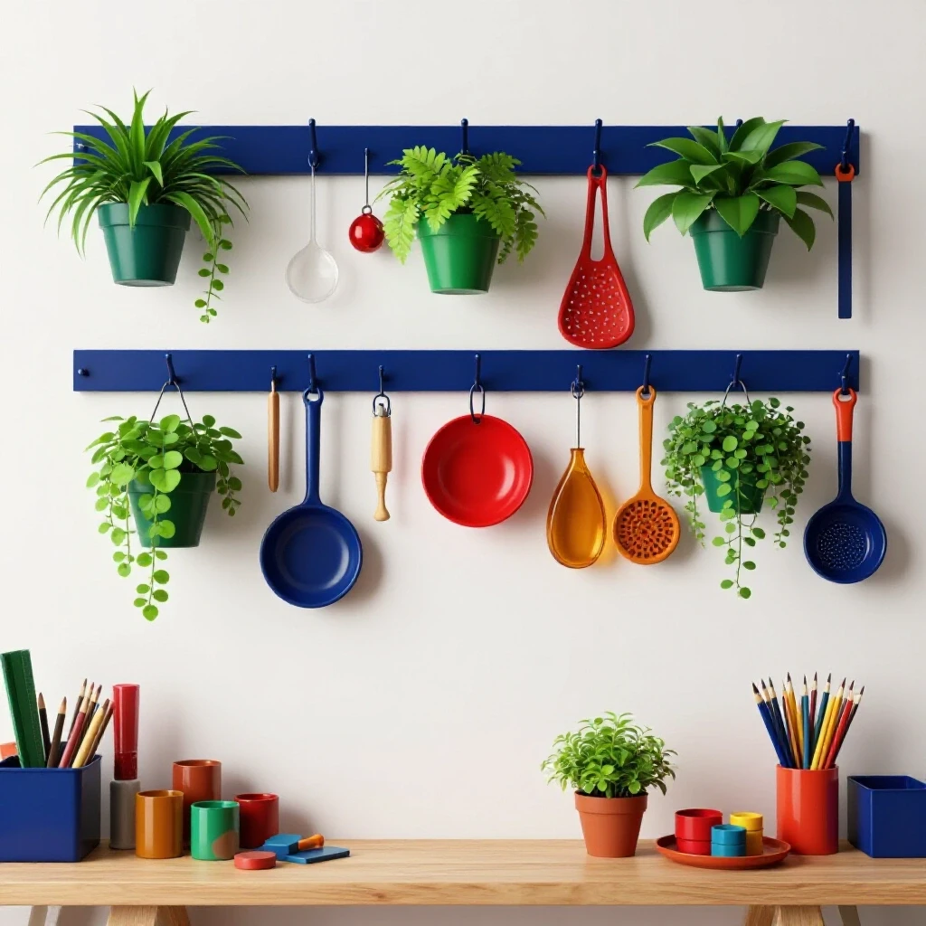 Vibrant workspace showing tool hooks with plants and colorful supplies against a bright background.