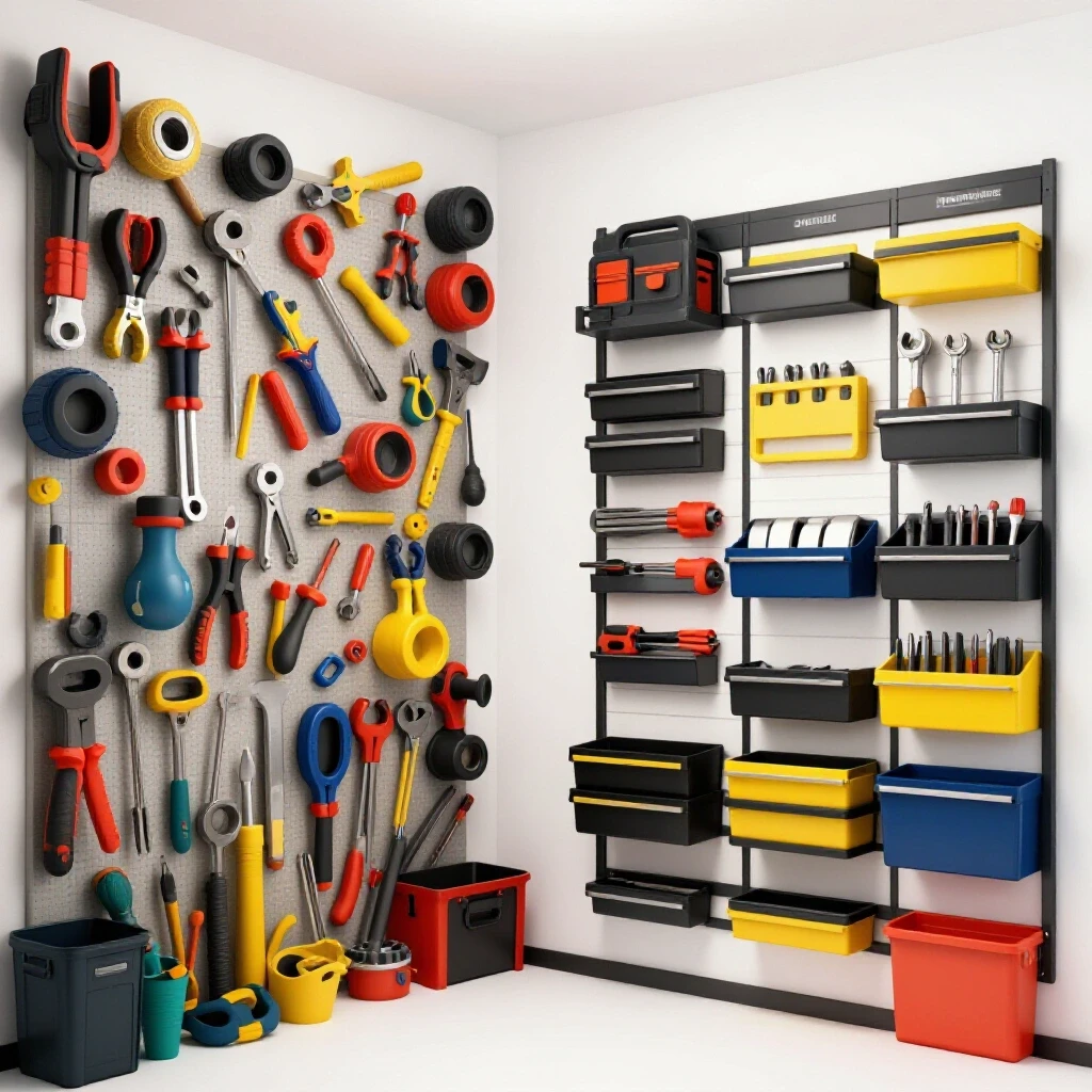 A comparison of a cluttered versus organized tool wall, showcasing effective storage solutions.