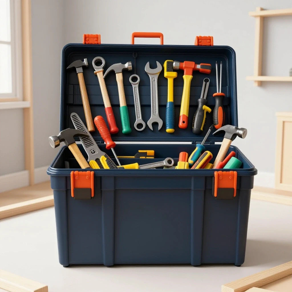 Colorful DIY tools overflowing from an open toolbox, with a backdrop of a partially completed home project.