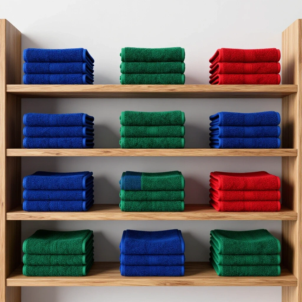 An organized towel storage space featuring deep blue and green towels on a rustic wooden shelf, evoking calmness and order.