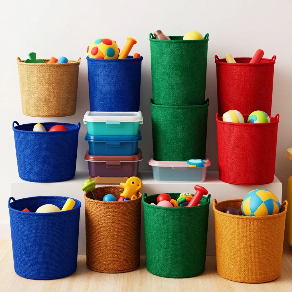 A vibrant playroom scene showcasing various colorful toy storage bins filled with toys, promoting effective storage solutions.