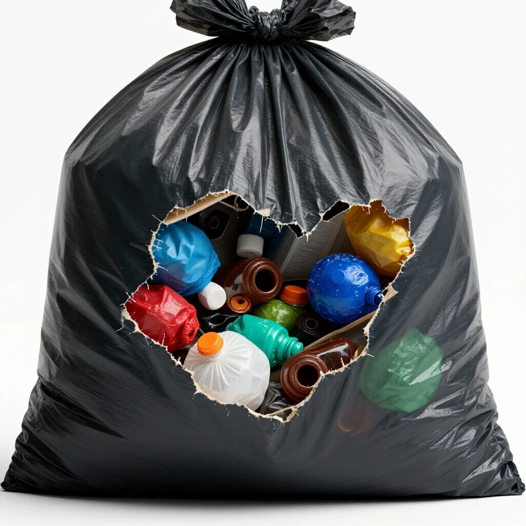 A colorful torn trash bag spilling contents in a bright, clean kitchen setting, emphasizing its leak protection features.