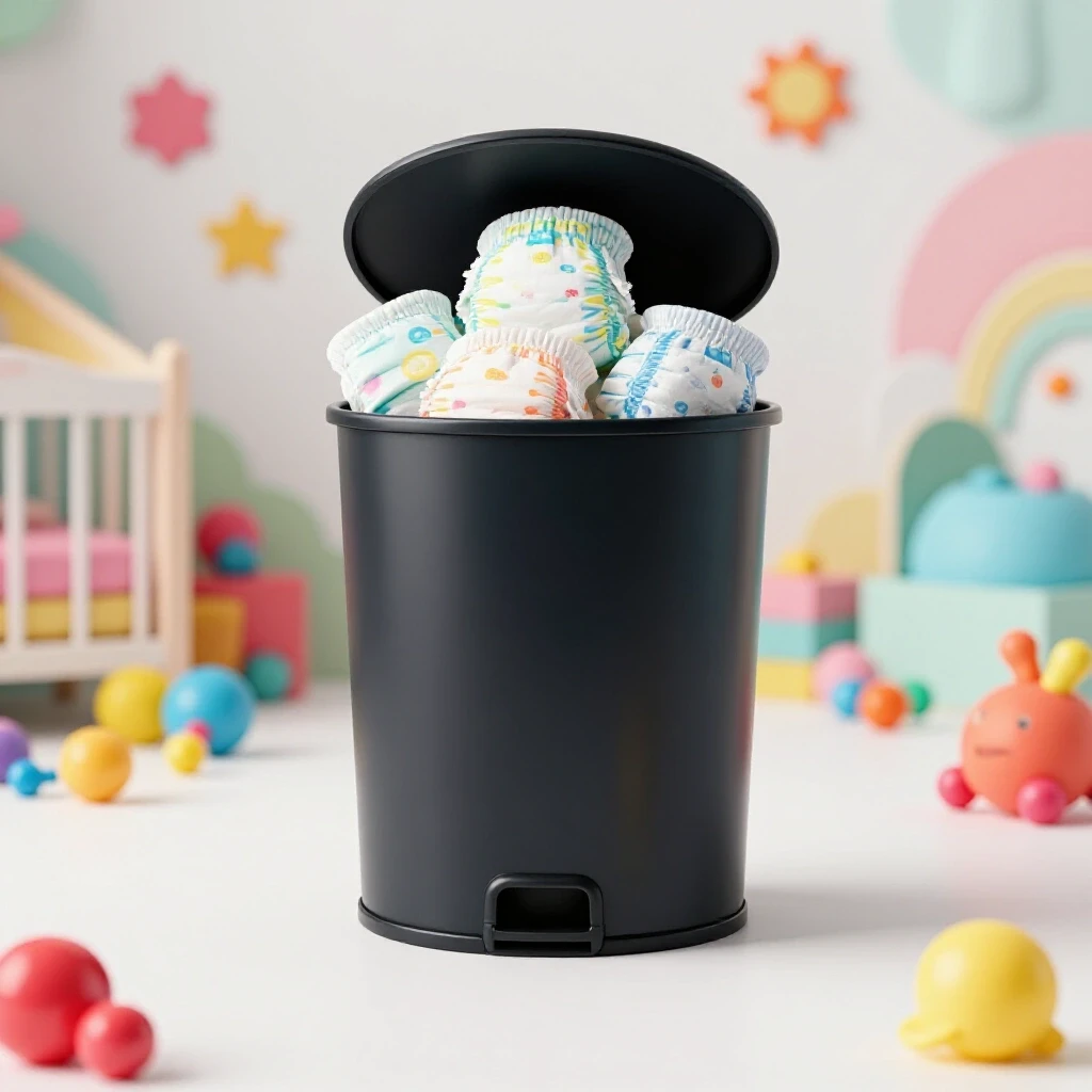 A modern trash can overflowing with colorful diapers in a nursery setting, surrounded by playful toys and bright colors.