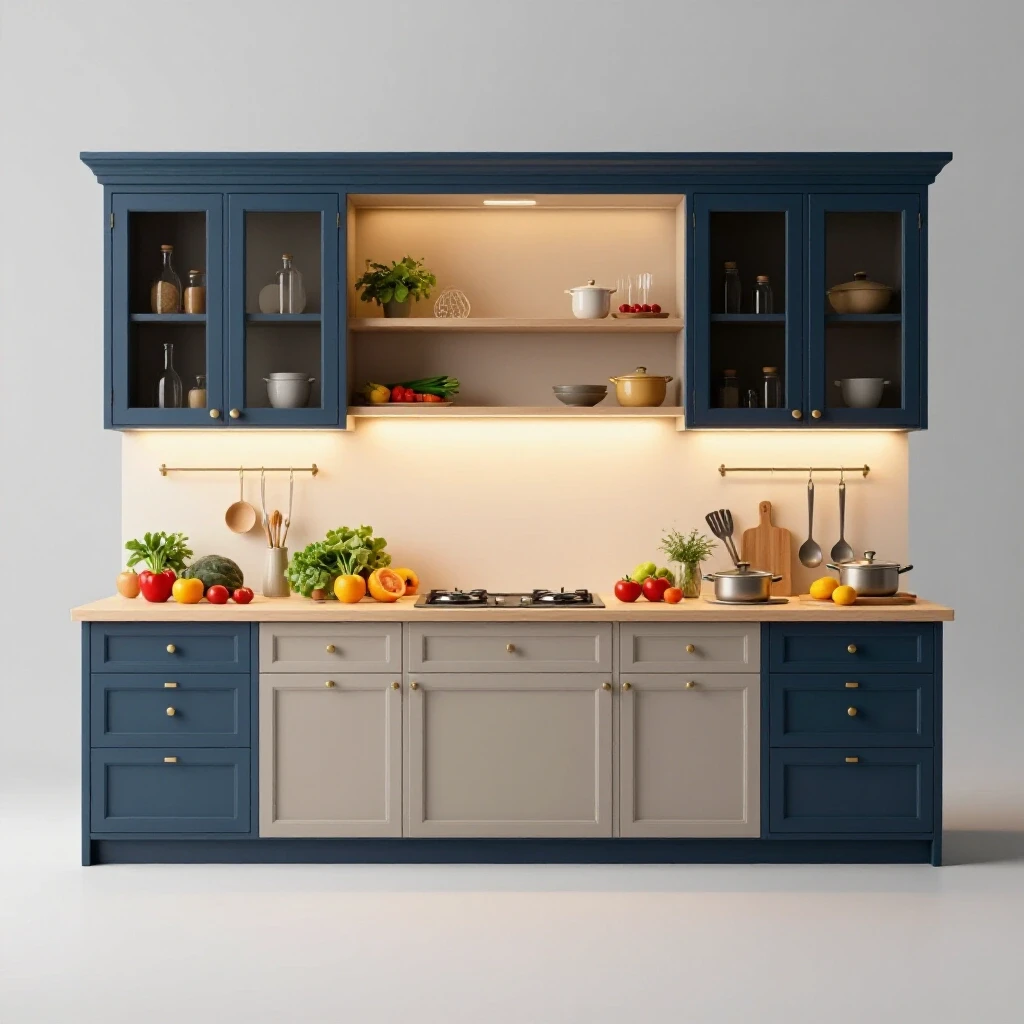 A vibrant kitchen scene showcasing fresh ingredients illuminated by under-cabinet lighting, contrasting cool cabinetry.