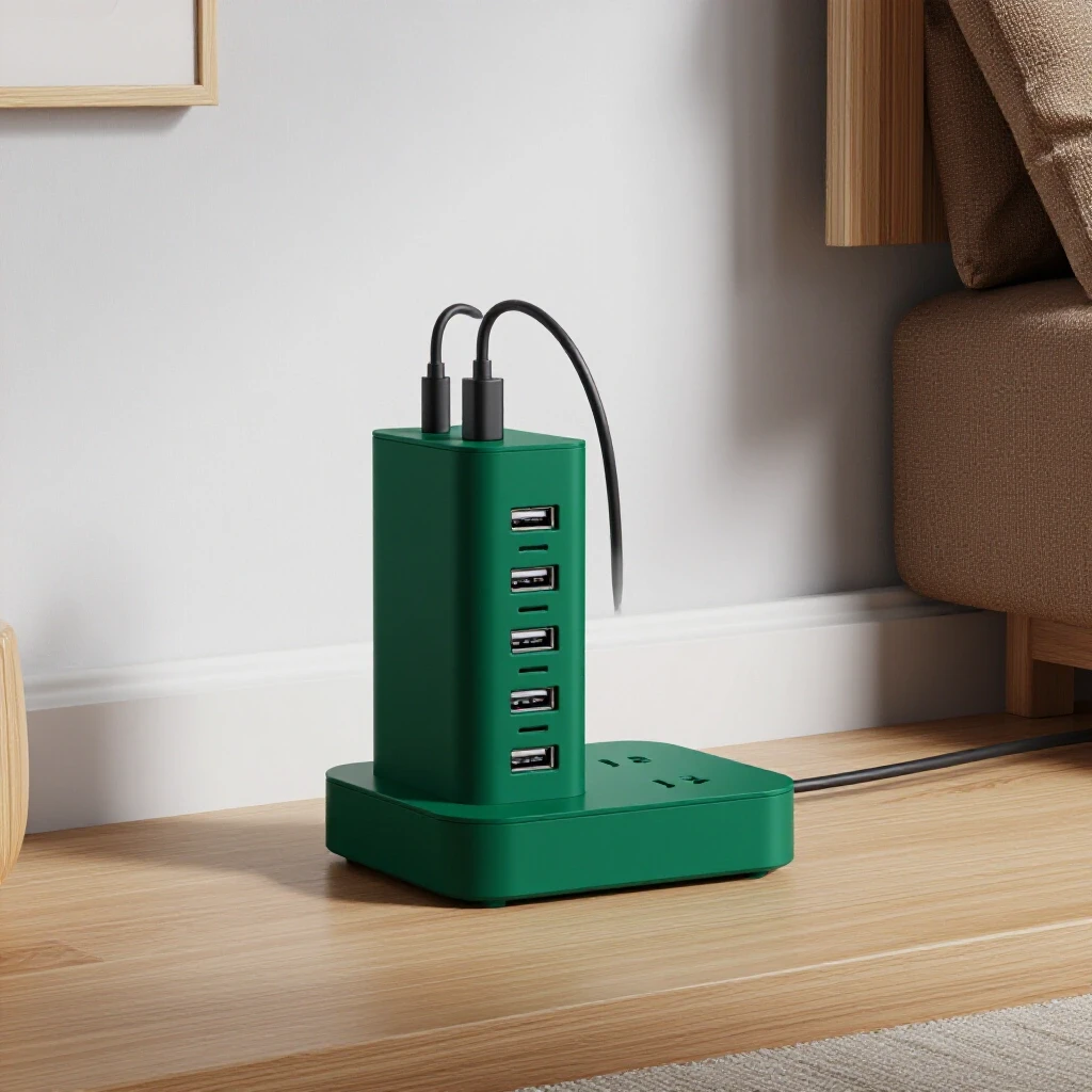 Stylish USB charging station with multiple outlets integrated in a modern home decor setting.