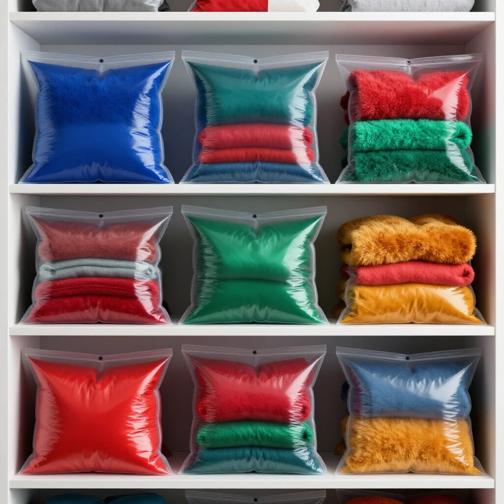 A vibrant closet with organized, colorful vacuum bags and soft blankets, bright and well-lit setup.