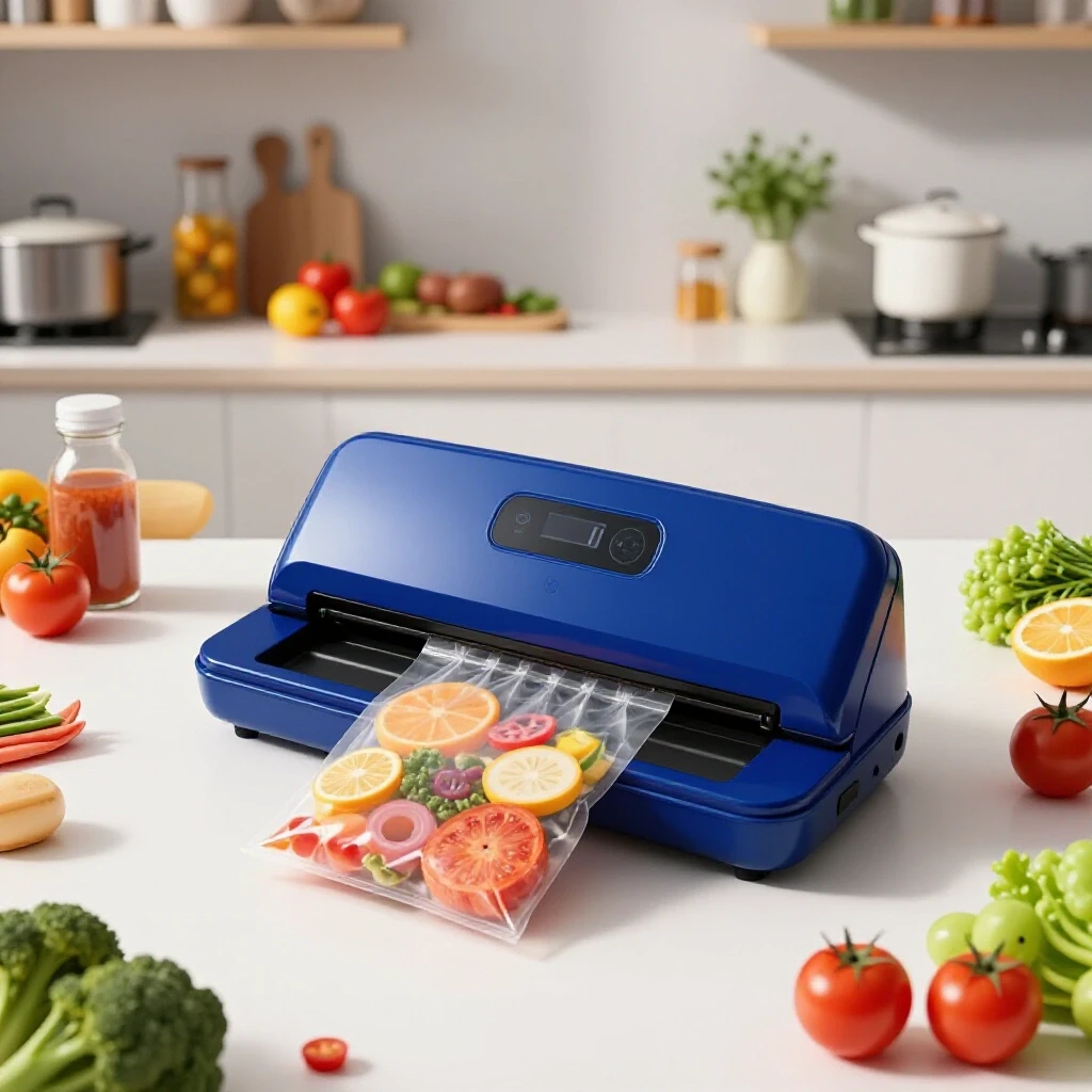 A modern vacuum sealer in a bright kitchen, sealing food bags amidst a vibrant arrangement of cluttered food items.