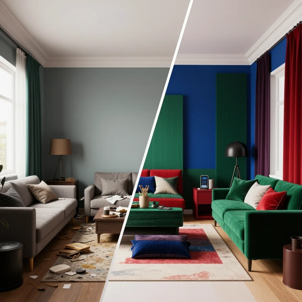 A split image showcasing a transformation from a cluttered outdated room into a stylishly upgraded space, illustrating home decor improvements.