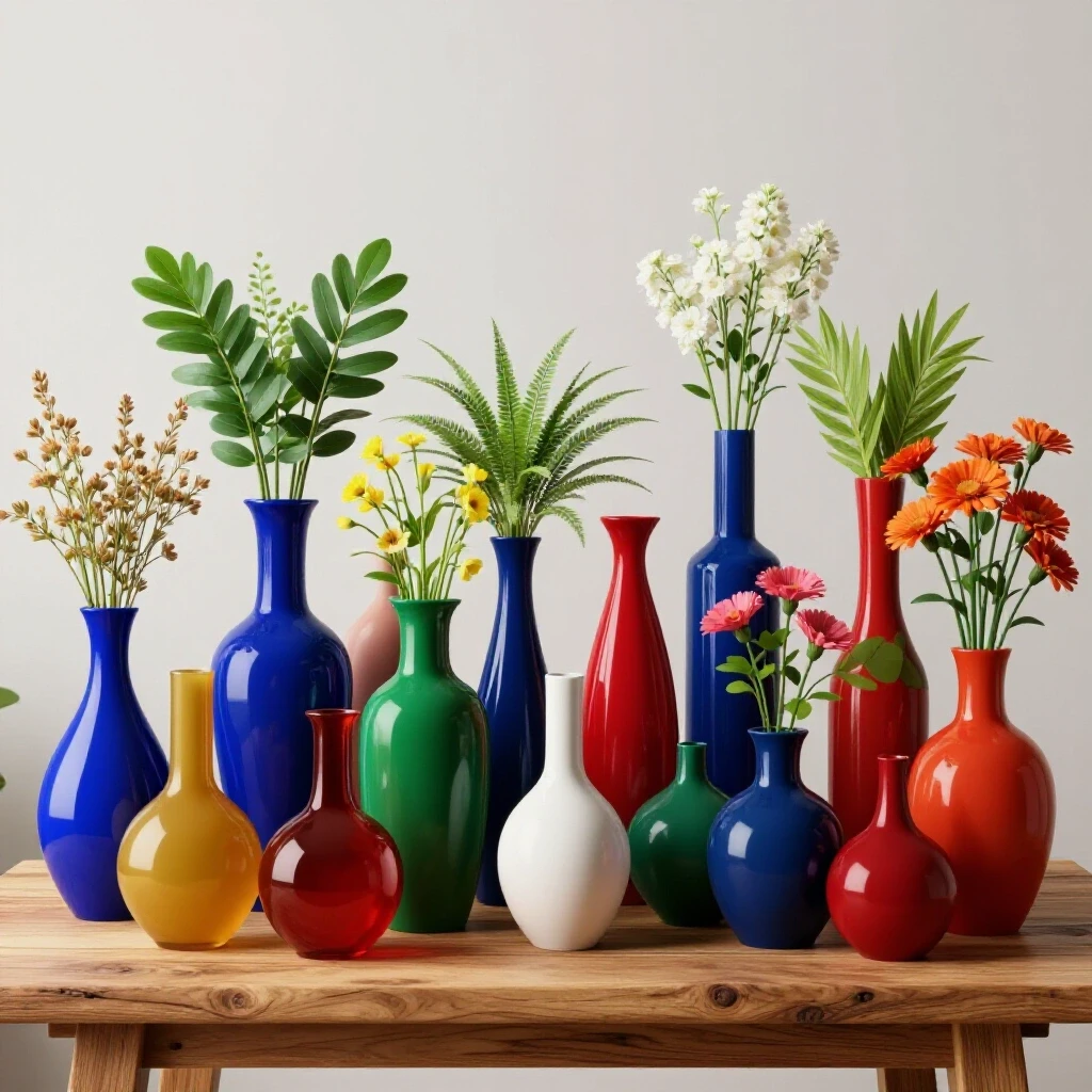 A stunning collection of diverse vases in rich colors on a rustic wooden table, illuminated by soft natural light.
