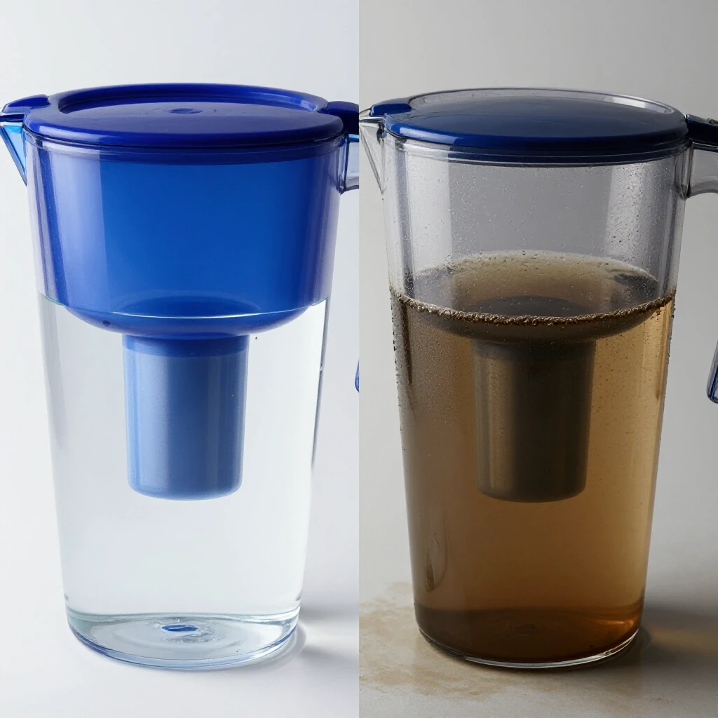A split image of two water filter pitchers: one with clear water and the other with murky water, highlighting the contrast.
