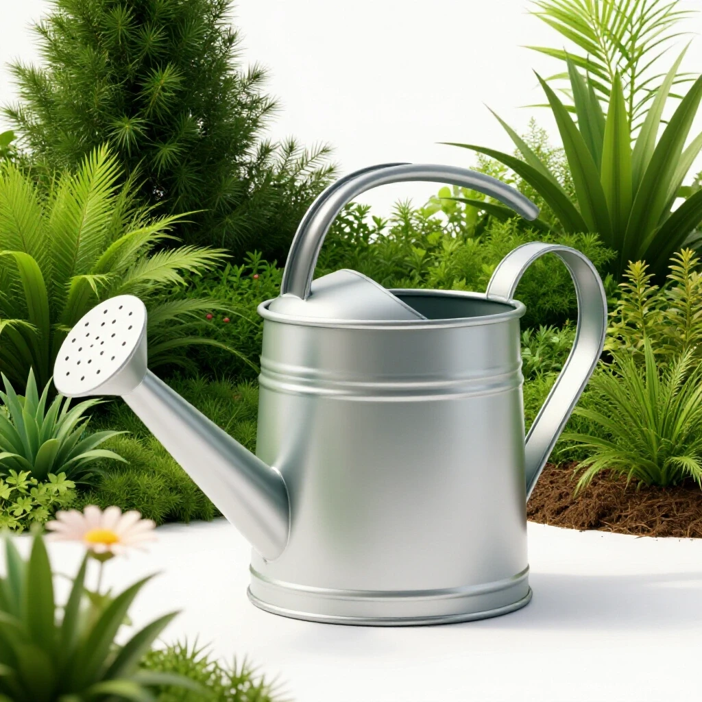 Stylish ergonomic watering can set against a vibrant lush garden with a delicate flower, emphasizing comfort and balance.