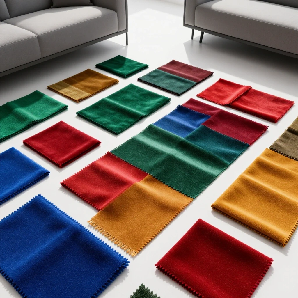 A vibrant array of fabric swatches in deep colors on a sunlit surface, with a modern sofa in the background.
