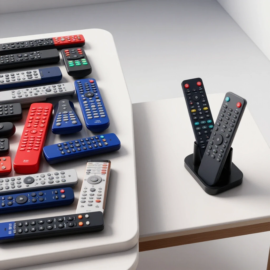 A visually striking image depicting a cluttered coffee table with remote controls contrasted by a tidy space with a stylish remote control holder.
