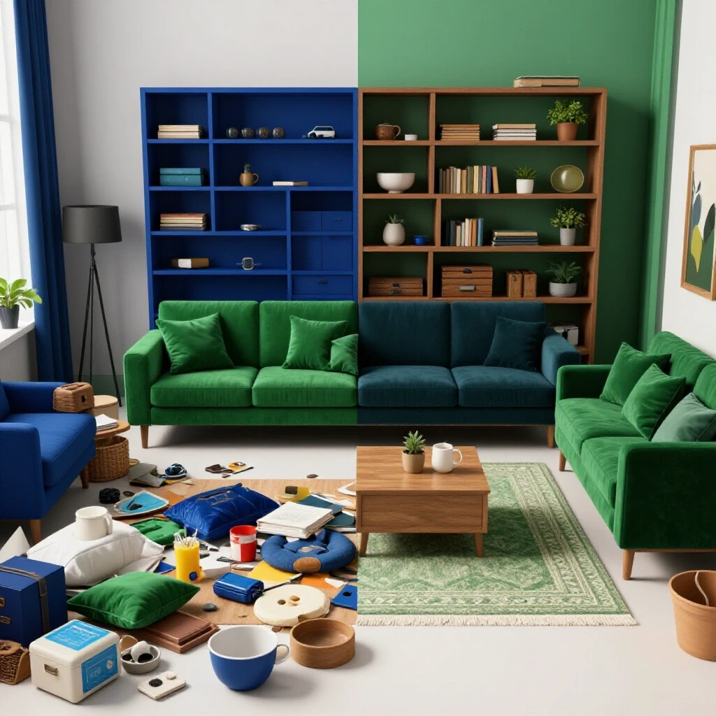 A vibrant living room showcasing the contrast between a cluttered and an organized floor, evoking a sense of transformation.