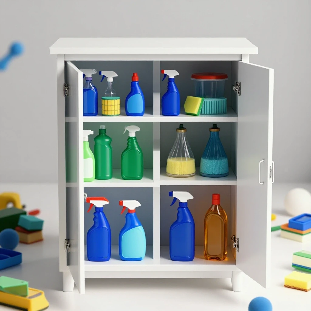 An organized cabinet filled with colorful cleaning supplies amidst a messy background, showcasing order and freshness.